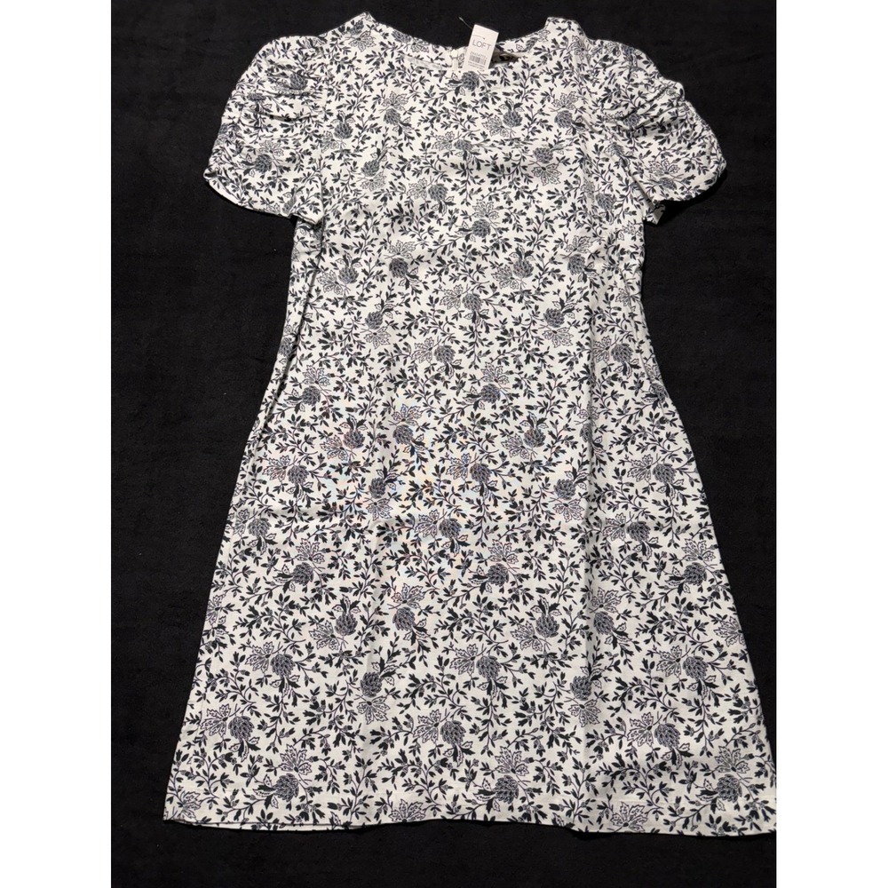 LOFT Black White Floral Print Puff Sleeve Knee Length Dress Size Medium - Picture 12 of 13